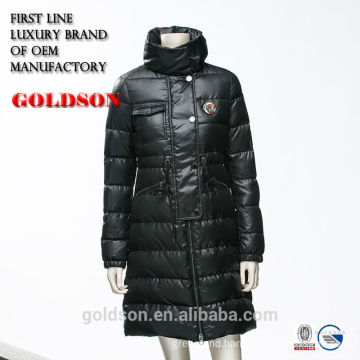 Fashionable Women Uncapped Long Folding Down Jacket with Embroidery